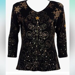 Jess & Jane Christmas Star Top Black with Gold Metallic Graphic Rhinestones  Med